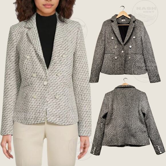 Ecru NWOT Tweed Blazer 10 | Black White Bouclé, Mother of Pearl Buttons, Pockets - Picture 3 of 12